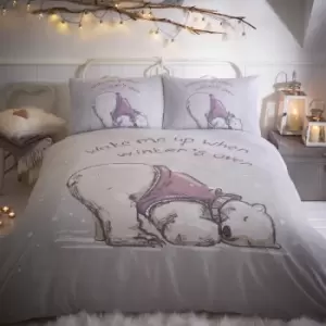 image of Portfolio Home Winter Lazy Bear Print Duvet Cover Set, Grey, Single