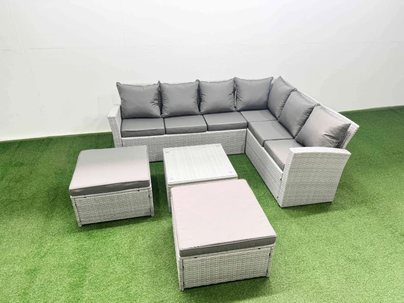 Image of Fimous Garden Outdoor PE Rattan Furniture Set 8 Seater Rattan Garden Sofa Set in Light Grey Light Grey Unisex