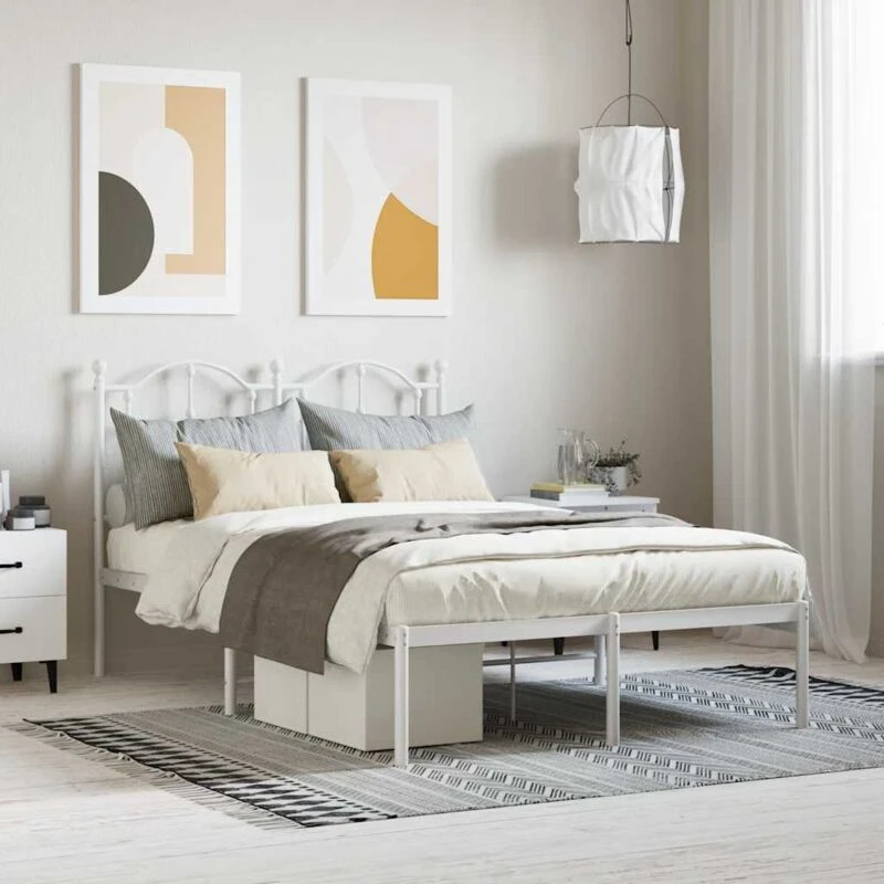 Image of Vidaxl Metal Bed Frame Without Mattress With Headboard White 120X200 Cm, White 353486