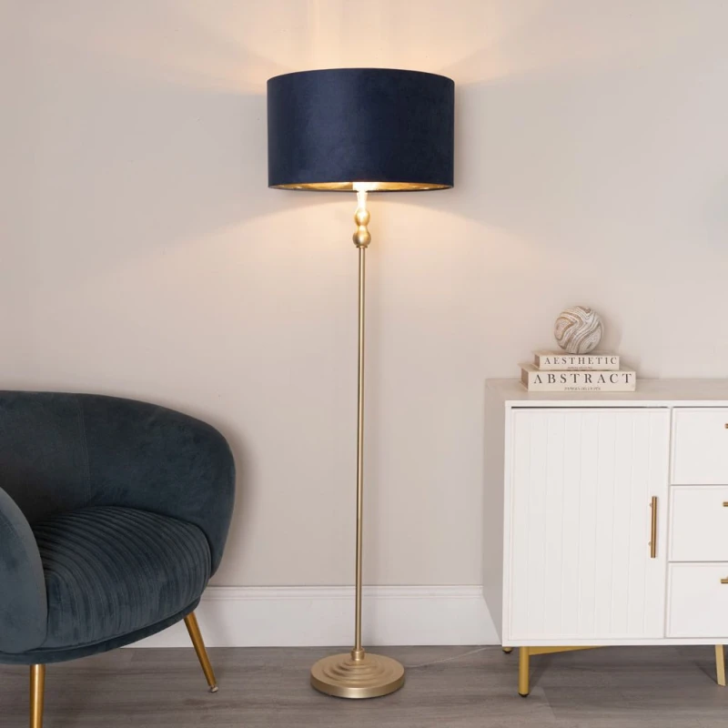 Image of ValueLights ValueLights Maggie Gold Candlestick Floor Lamp with Velvet with Gold Inner Lamp Shade in Dark Navy Dark Navy One Size Unisex 5059406061608
