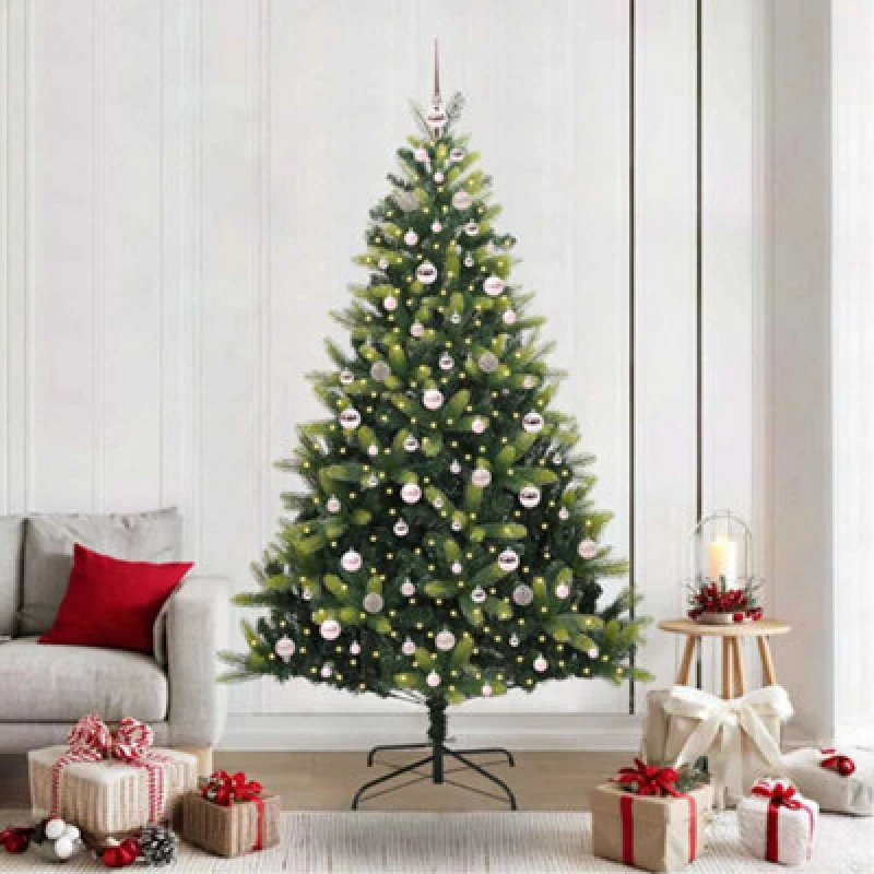 Image of vidaXL Artificial Hinged Christmas Tree 300 LEDs and Pink Balls Green 210 cm, Green 3396002