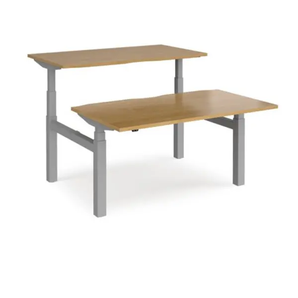 Image of Elev8 Height Adjustable Desk Back To Back Rectangular Desks 1400mm Oak Tops With Silver Frames Elev8 Touch Oak EVTB-1400-S-O