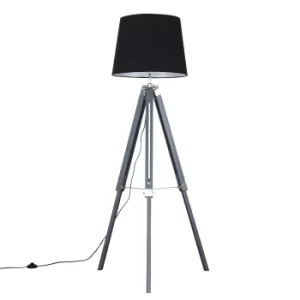 Image of Clipper Grey and Chrome Tripod Floor Lamp with XL Black Aspen Shade