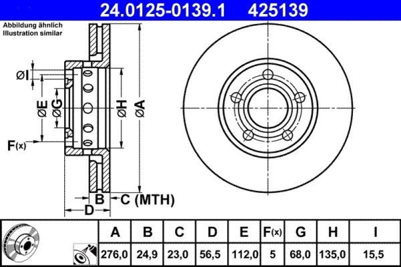 Image of ATE 24.0125-0139.1 Brake disc Vented, Coated, Alloyed/High-carbon Brake Disc (82)