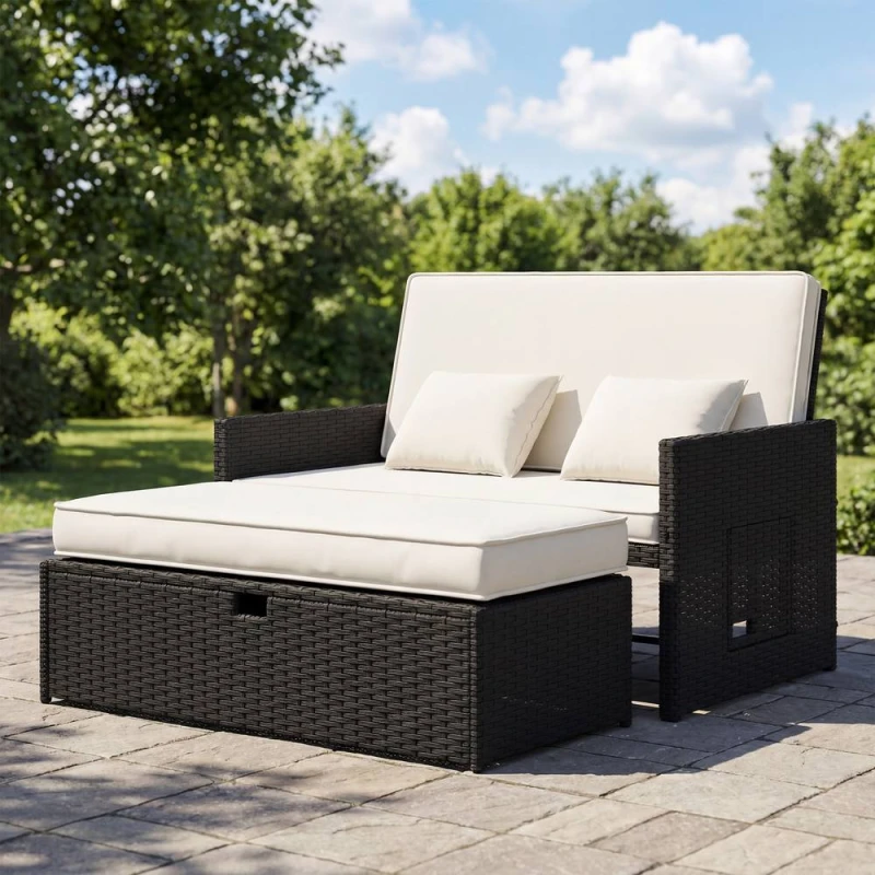 Image of OUTSUNNY Garden Rattan Furniture Set 2 Seater Patio Sun Lounger Daybed Cream Cream Unisex