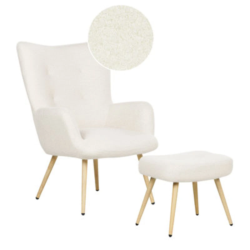 Image of Beliani Wingback Chair Vejle With Footstool Boucle Off-White