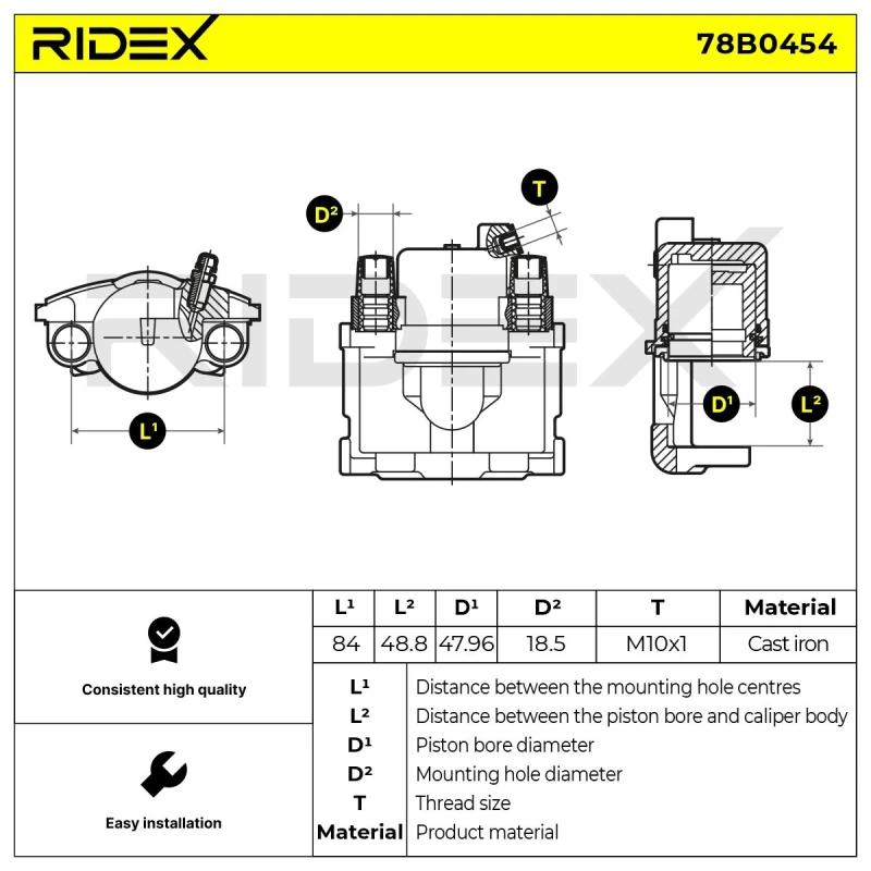 Image of RIDEX 78B0454 Brake caliper Front Axle, without holder Cast Iron Brake Caliper (78)