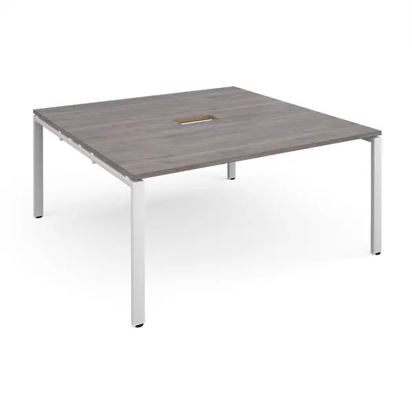 Image of Adapt Square Office Boardroom Table With Power Module Cut Out - Grey Oak - White Frame