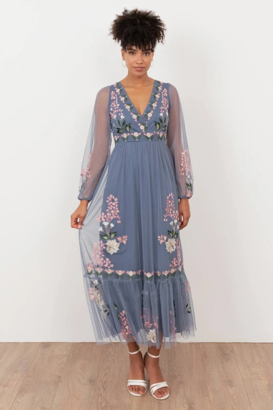 Image of Maya Deluxe Womens Embroidered Faux Wrap Long Sleeve Midaxi Dress in Mid Blue Size: 10 Mid Blue Female 10