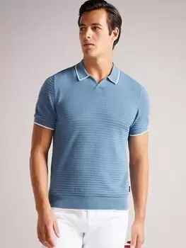 image of Ted Baker Durdle Textured Knitted Polo Shirt - Blue Size 3, Men