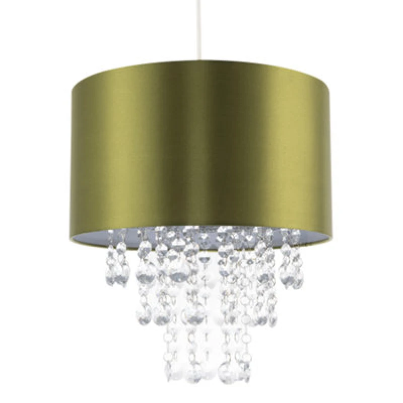 Image of Happy Homewares Modern Olive Green Satin Fabric Pendant Shade With Clear Acrylic Drops
