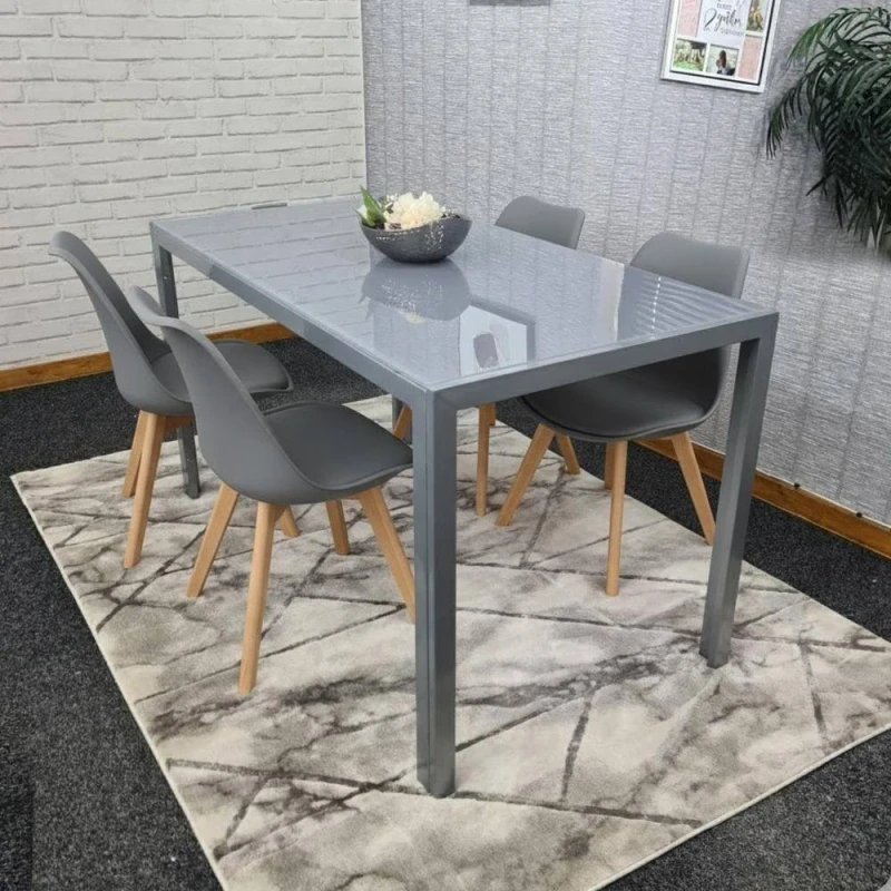 Image of Kosy Koala Modern Grey Glass Dining Table Set With 4 Grey Plastic Chairs Kitchen Dining Room Furniture