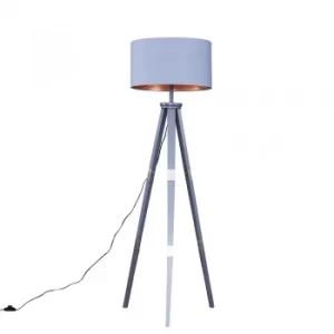 image of Willow Grey Tripod Floor Lamp with XL Grey and Copper Reni Shade