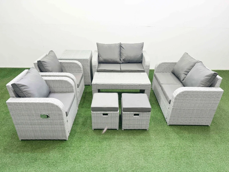 Image of Fimous 8 Seater Outdoor Reclining Chair Love Sofa Set Rattan Garden Furniture Set with Oblong Coffee Table 2 Stools Side Table Light Grey Light Grey