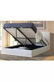 Image of Leather Ottoman Storage Bed with Wooden Slatted Gas Liftup Base.