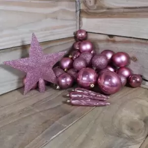 image of 33 Assorted Shatterproof Christmas Baubles With Star Tree Topper - Pink