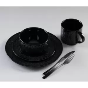 image of Carnaby Argyle 16 Piece Embossed Black Dinner Set