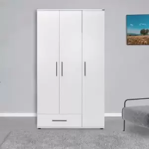 Image of Matt White 3 Door Triple Wardrobe Hanging Rail Large Drawer Shelves - White