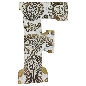 Letter F Hand Carved Wooden White Flower