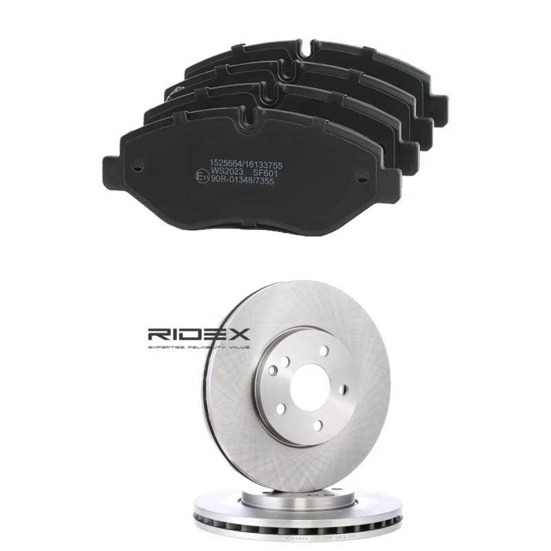 Image of RIDEX 3405B2799 Brake disc and pads set Front Axle, Brake Disc Type: internally vented, prepared for wear warning indicator Brake Set,disc brakes (34