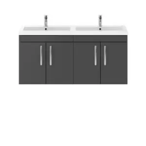 image of Nuie Athena 1200 Wall Hung 4-door Vanity & Polymarble Double Basin - Gloss Grey