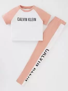 Image of Calvin Klein Girls Short Sleeve T-Shirt & Legging PJ Set - Pink Mocha/White, Pink Mocha/White, Size 12-14 Years, Women