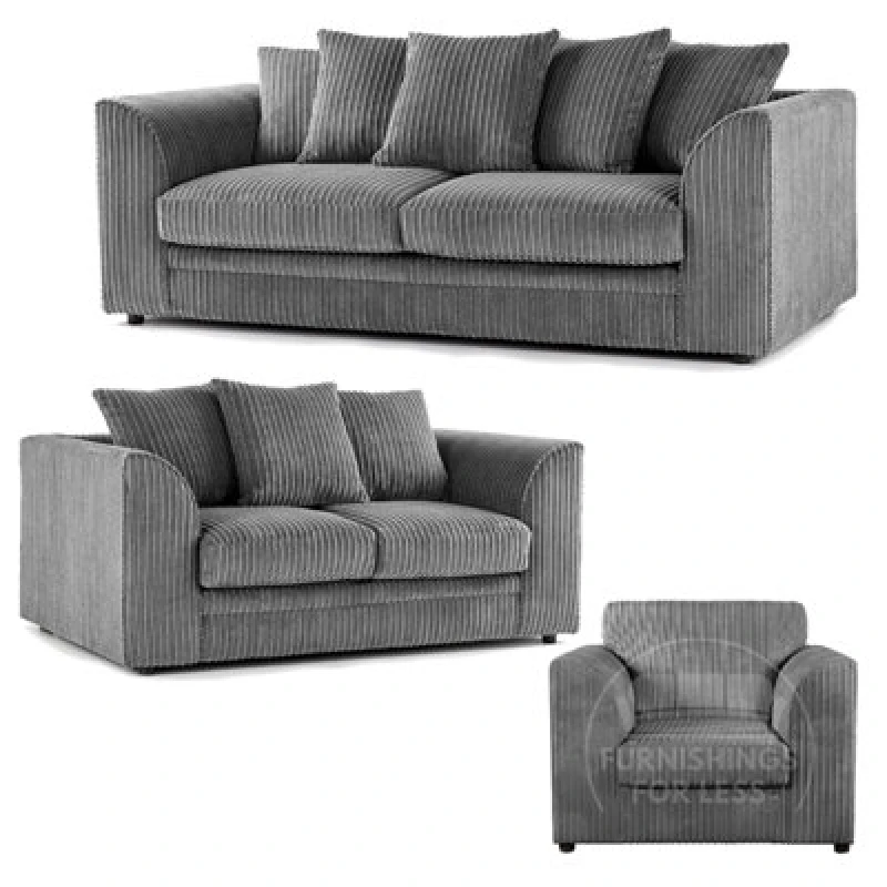 Image of Furnishings For Less UK Luxor Jumbo Cord 3 + 2 + 1 Fabric 3 Piece Sofa Suite - Scatter Back Grey