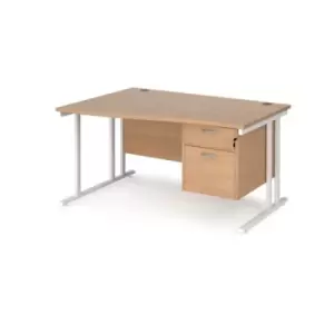 image of Office Desk Left Hand Wave Desk 1400mm With Pedestal Beech Top With White Frame Maestro 25 MC14WLP2WHB