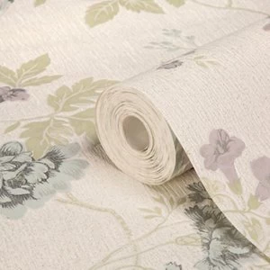 Image of Graham & Brown Julien Macdonald Exotica Duck egg & lilac Floral & birds Glitter effect Textured Wallpaper