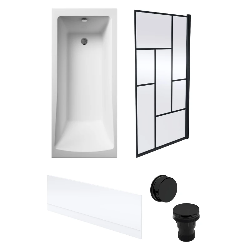 Image of Balterley Square Bath, Front Panel, Abstract Black Screen and Waste -1700x700mm Black