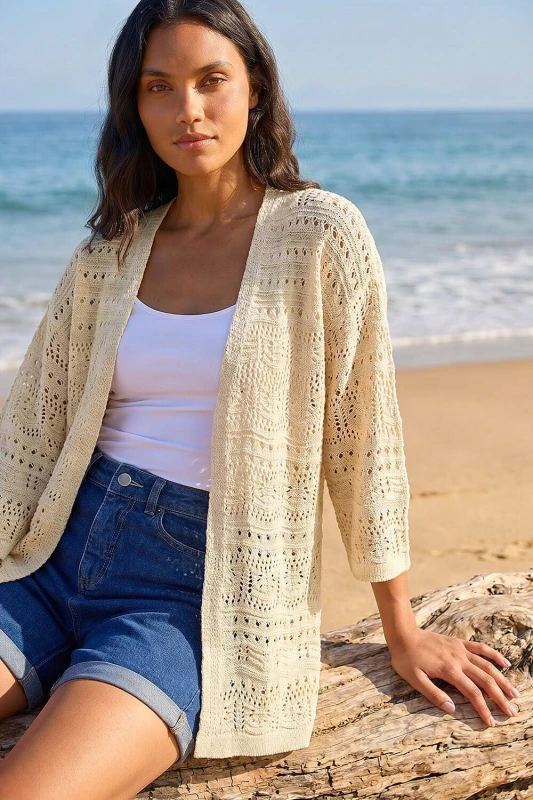 Image of Roman Womens 3/4 Sleeve Stitch Detail Cardigan in Natural Size: 14 Natural Female 14