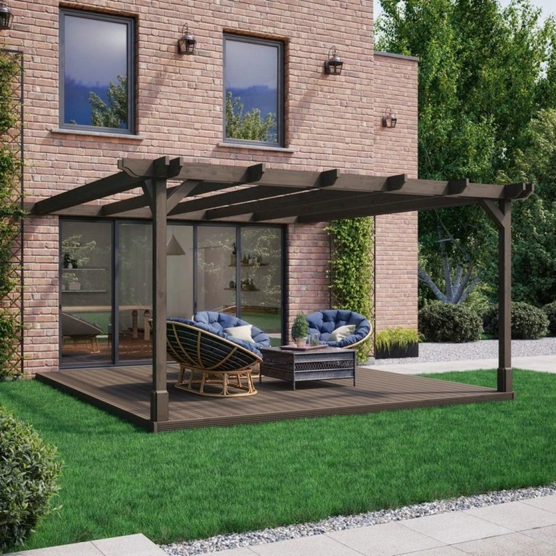 Image of Rutland County Garden Furniture Wall Mounted Double Premium Pergola And Decking Kit - Wood - L240 X W240 X H270 Cm - Rustic Brown