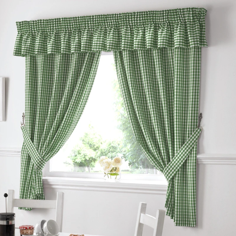 Image of ALAN SYMONDS Gingham Kitchen Curtains Green Pelmet 136 x 10 12399340