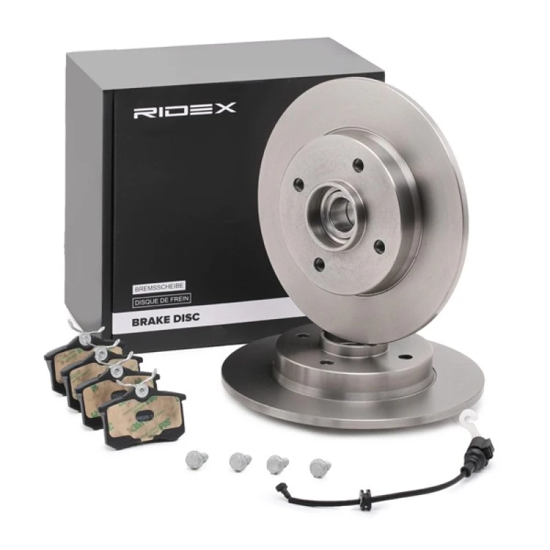 Image of RIDEX 3405B0165 Brake disc and pads set Rear Axle, Brake Disc Type: Solid, with wheel bearing Brake Set,disc brakes (3405)