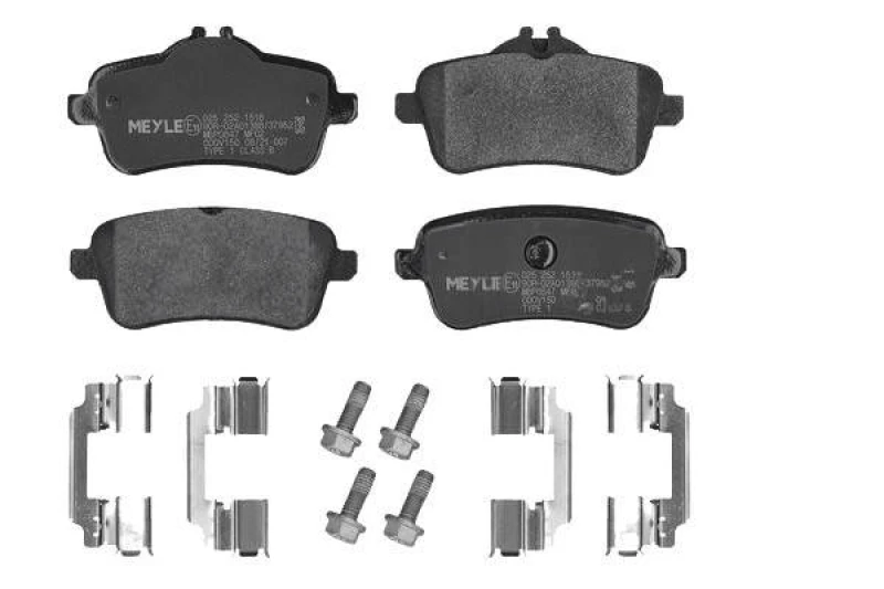 Image of MEYLE 025 252 1518 Brake pad set Rear Axle, prepared for wear warning indicator, with accessories, Original Quality, with anti-squeak plate Brake Pad