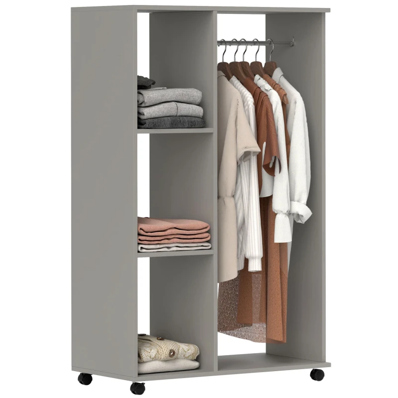 Image of HOMCOM Open Wardrobe on Wheels With Rods and Shelves Grey