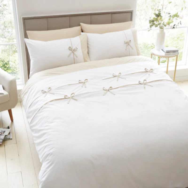 Image of Catherine Lansfield Bedding Milo Bow Double Duvet Cover Set With Pillowcases Natural