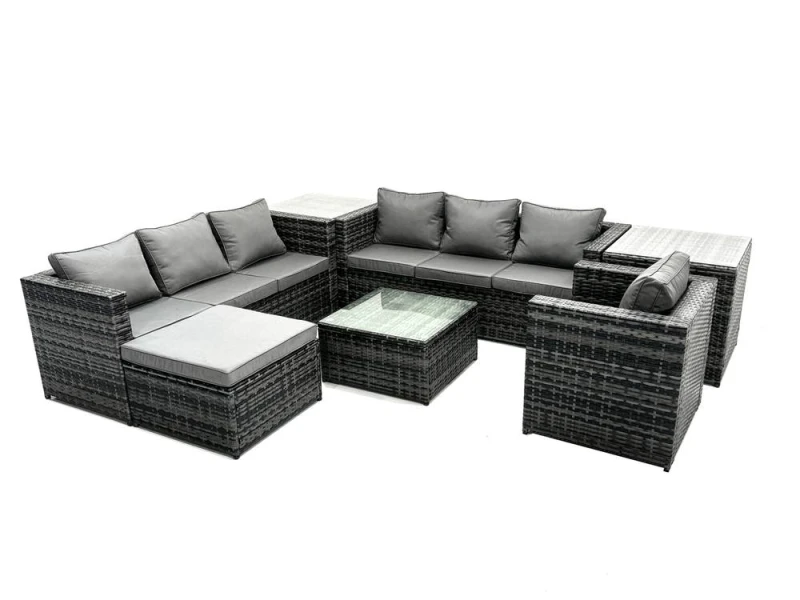 Image of Fimous 8-seater Patio Coffee Table Sofa Set with 2 Side Tables Big Stool in Dark Grey Dark Grey Unisex