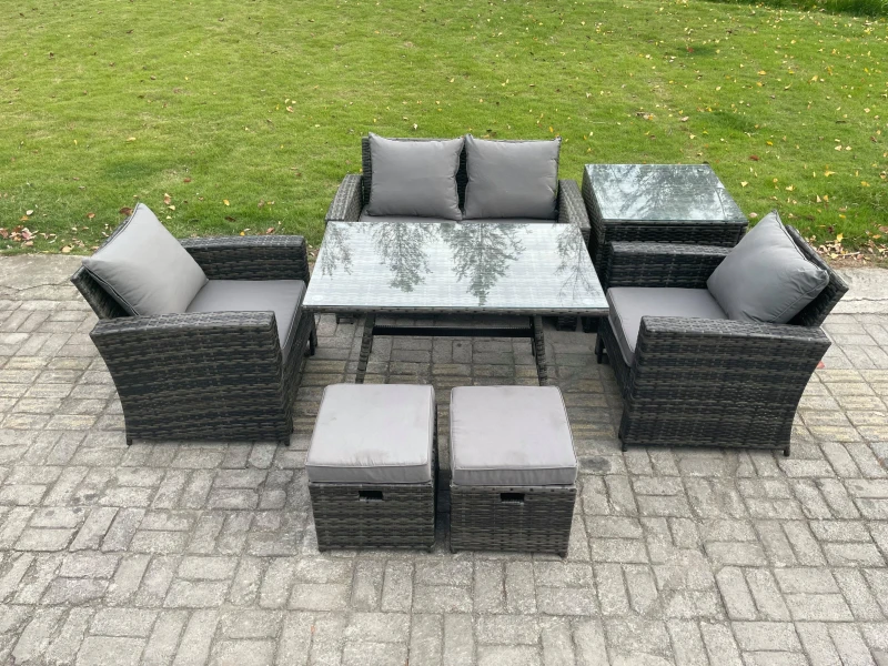 Image of Fimous 6 Seater Outdoor Garden Furniture High Back Rattan Sofa Dining Table Set with SideTable 2 Small Footstools in Dark Grey Dark Grey Unisex