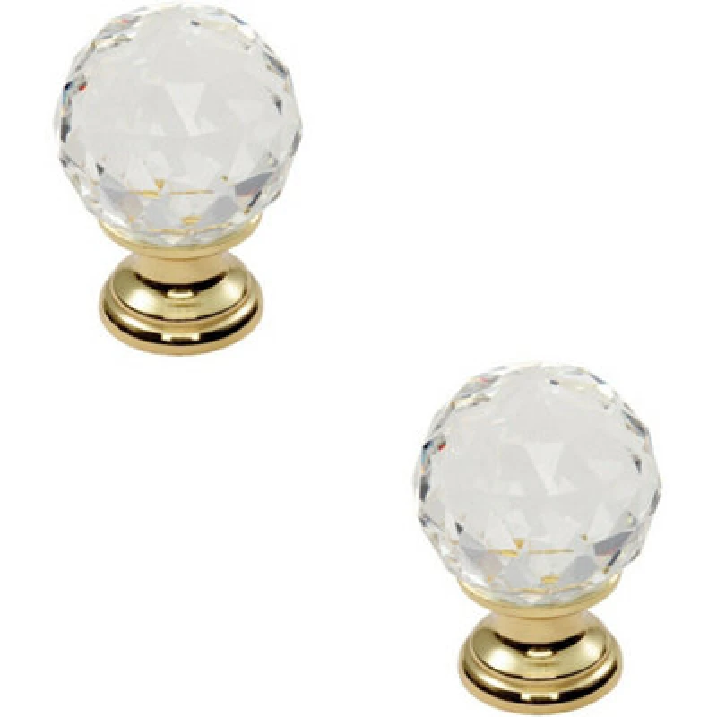 Image of Loops 2x Faceted Crystal Cupboard Door Knob 31mm Dia Polished Brass Cabinet Handle Metallics unisex