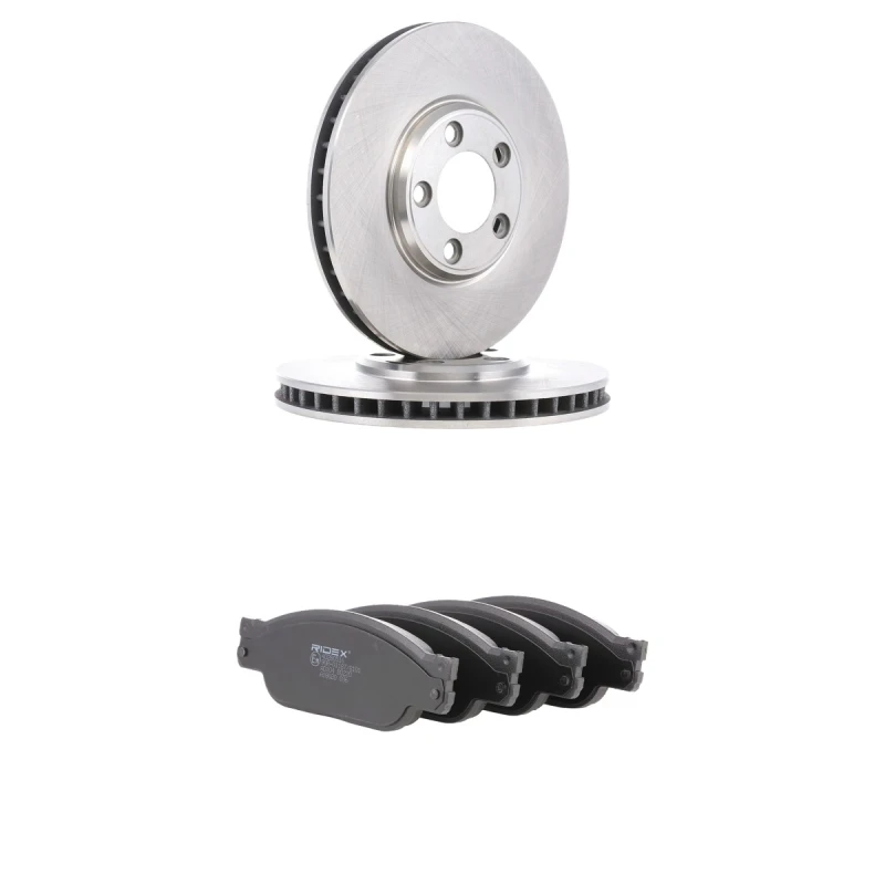 Image of RIDEX 3405B2620 Brake disc and pads set Front Axle, Brake Disc Type: internally vented, with acoustic wear warning Brake Set,disc brakes (3405)