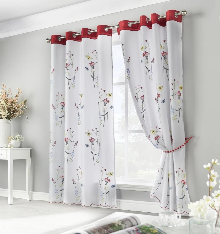 Image of Luxury Living Springfield Embroidered Lined Ring Top Voile Curtains 147cm x 137cm Red/Multi, Red SPRRRED54