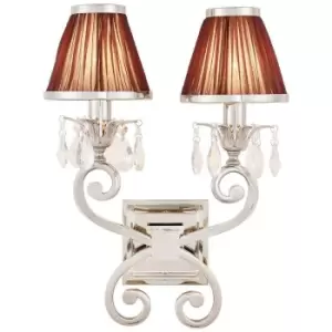 image of Esher Luxury Twin Curved Arm Traditional Wall Light Nickel Crystal Brown Shade