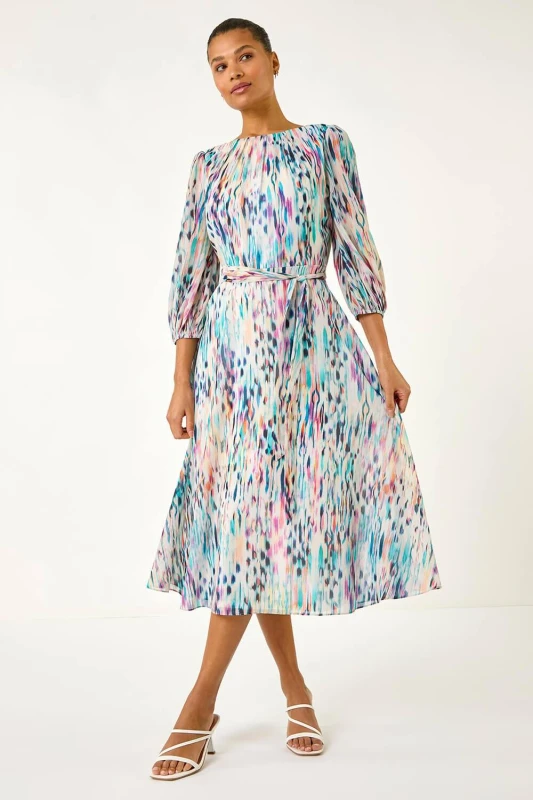 Image of Roman Womens Blurred Print Pleat Neck Midi Dress in White Size: 20 White Female 20