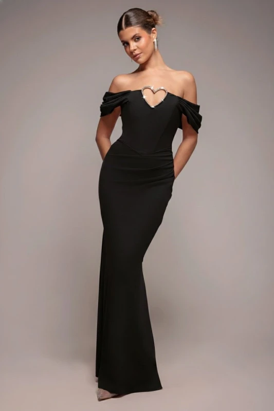 Image of Goddiva Womens Diamante Heart Trim Evening Maxi Dress in Black Size: 8 Black Female 8