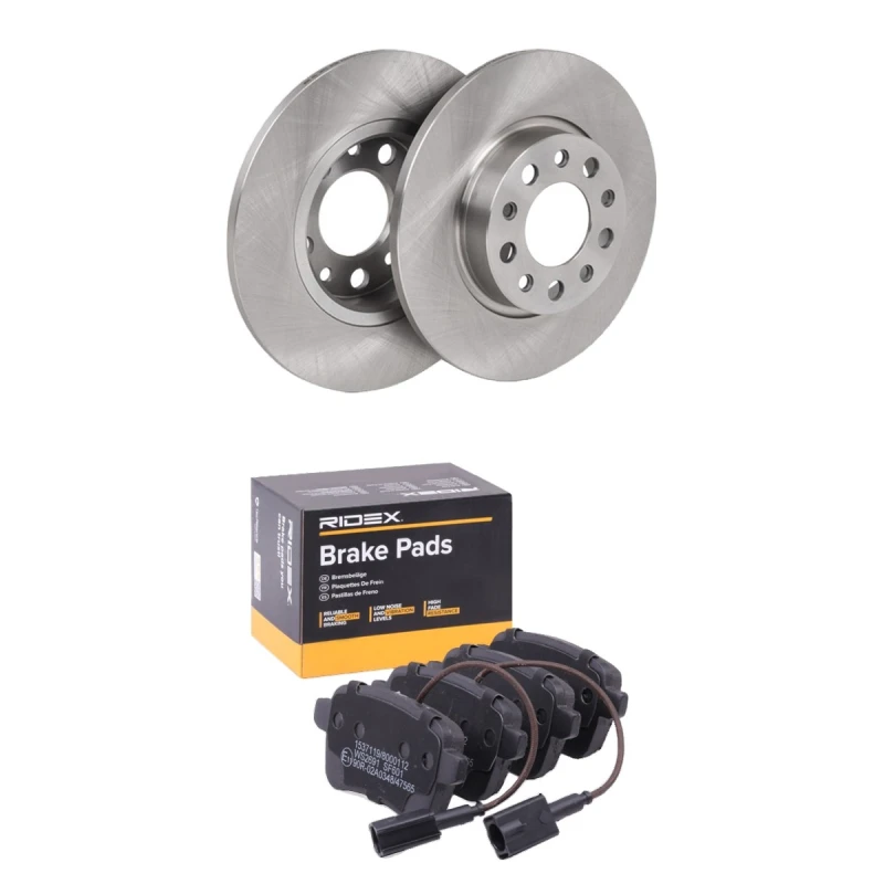 Image of RIDEX 3405B3373 Brake disc and pads set Rear Axle, Brake Disc Type: Solid, with integrated wear sensor Brake Set,disc brakes (3405)