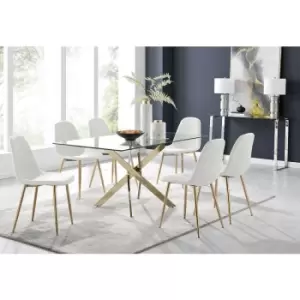 Image of Furniturebox Leonardo 150cm Modern Glass And Gold Metal Dining Leg Table And 6 White Corona Faux Leather Dining Chairs with Gold Legs Diamond Stitch