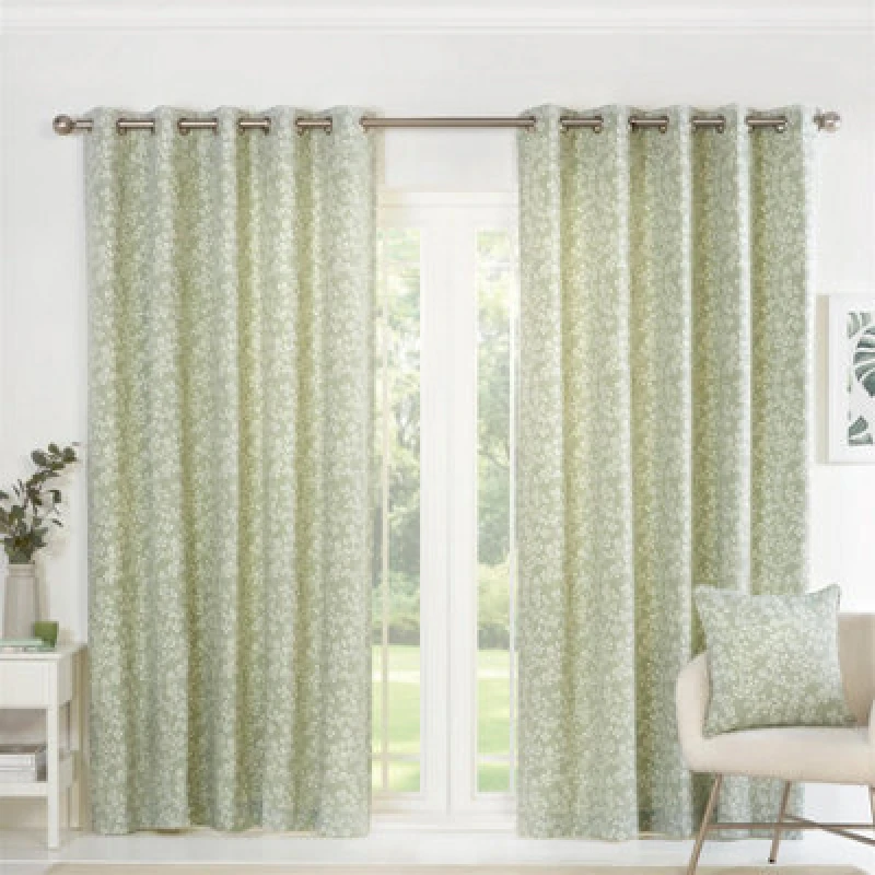 Image of Sundour Sade Fully Lined Ready Made Floral Eyelet Curtains Green 90X90"