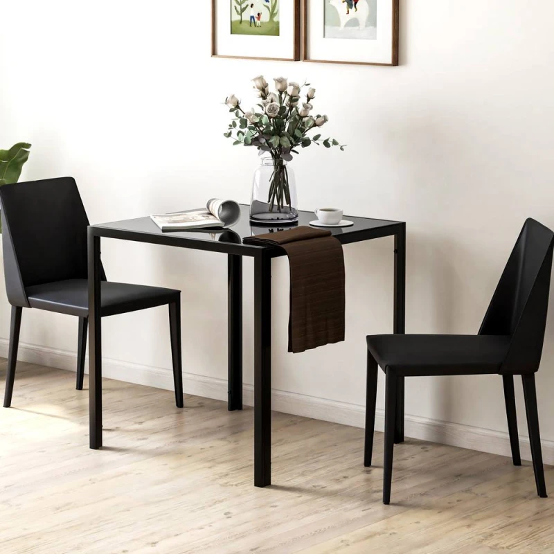 Image of HOMCOM Modern Square Dining Table with Tempered Glass Top Metal Legs in Black Unisex