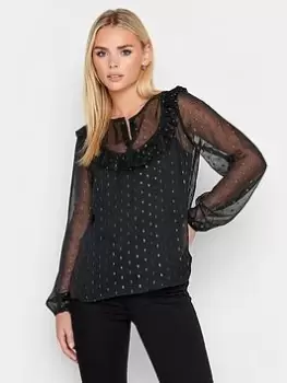 Image of PixieGirl Petite Lurex Frill Bib Blouse, Black, Size 10, Women